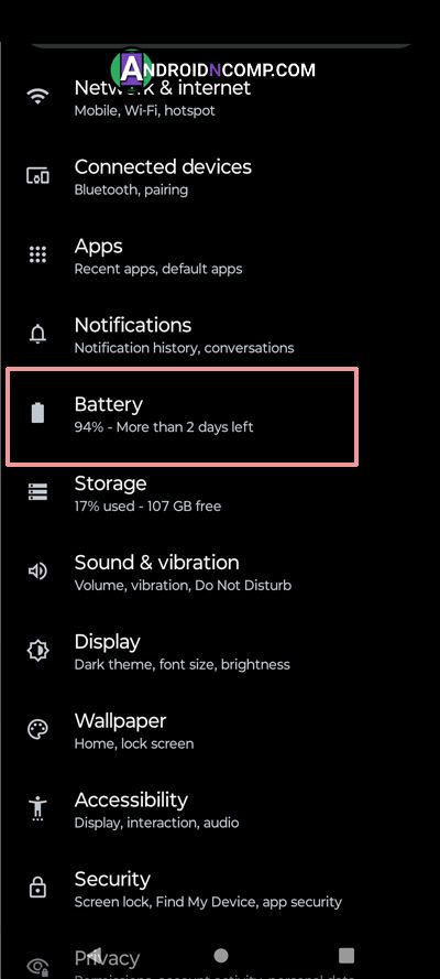 battery section in the settings