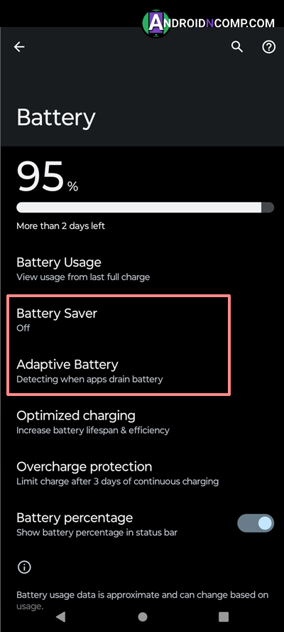 In the battery settings, you can enable the power saving function and the adaptive battery function. 